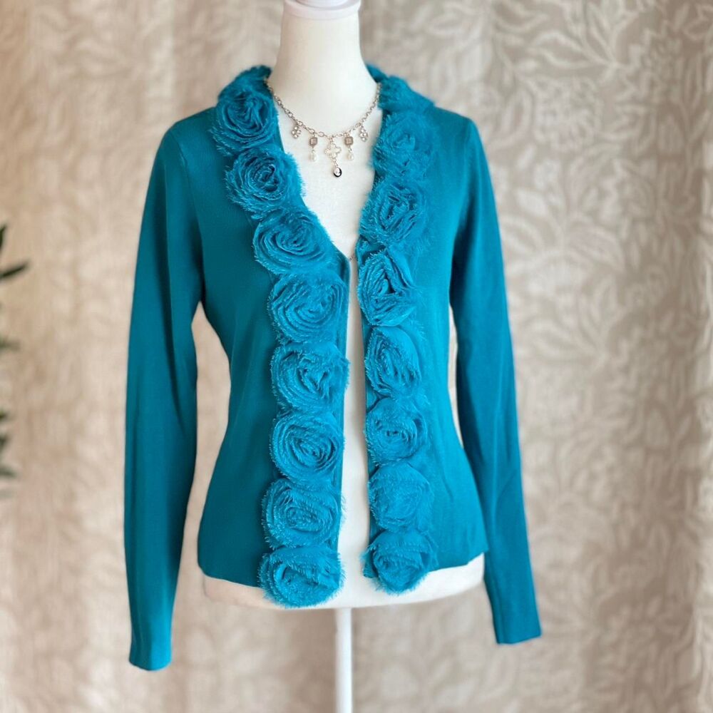 Y2K Red Brand Teal‎ Cardigan Chiffon Rosette Trim Balletcore Romantic Sweater S